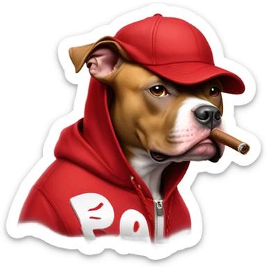 Pitbull smoking a cigar wearing a red hoody and red hat with the word blood on it sticker