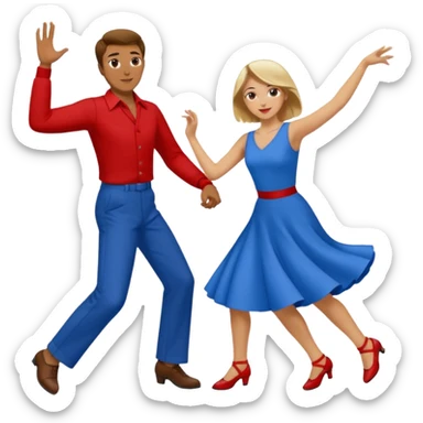 Two people. Man wearing all  RED with brown hair. Women  ALL blue with blond hair. Swing Dancing. Need four legs sticker