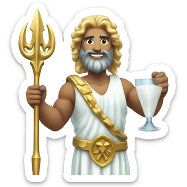 Poseidon with Trident. white dress. smile . eye blink. with glass sticker