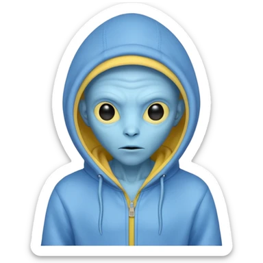 generate a blue alien wearing a yellow hoodie with no zipper sticker