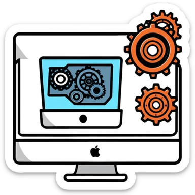 iMac computer with gears on the screen sticker