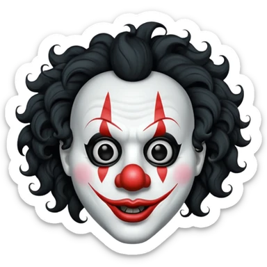 generate white clown mask emoji with a big curly black hair 

black coloured  lips and no teeth, no red nose but instead long and pointy white nose with no nostrils, pitch black eyes with no pupils, no brows sticker