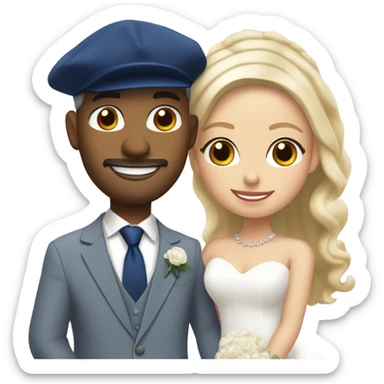 Puerto rican beard short hair with blue hat and navy blue suit getting Married with blond long hair girl with white  wedding dress  sticker