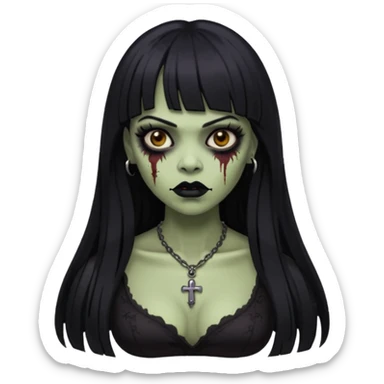 vampira gótica parda zumbi de cabelo longo e preto e franja e roupa com decote e batom preto sticker