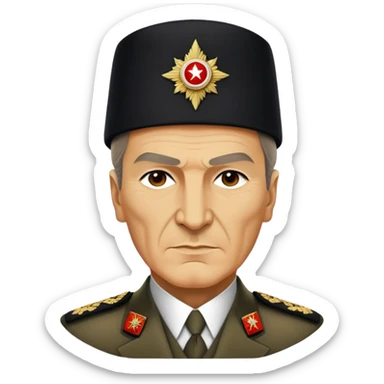 Mustafa Kemal Atatürk (statesman) in traditional hat – Cinematic Realistic Portrait of Mustafa Kemal Atatürk, depicted in dignified traditional attire with a distinctive hat, a resolute and visionary expression illuminated by warm, historic lighting, rendered with rich textures that evoke his transformative leadership. sticker