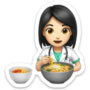 doctor girl with dark hair eating ramen bowl sticker