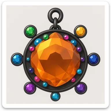 Transform this into a charm: add a black chain attached to the top and small colorful gemstone accents around the main amber gem, keep the 3D emoji style sticker