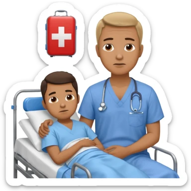 father sitting next to the hospital bed of son sticker