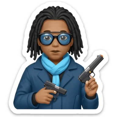 African American man with shoulder length black dreadlocks  wearing black sunglasses wearing a black bubble winter coat wearing a blue hospital mask covering mouth and nose  holding a Glock gun in hand sticker