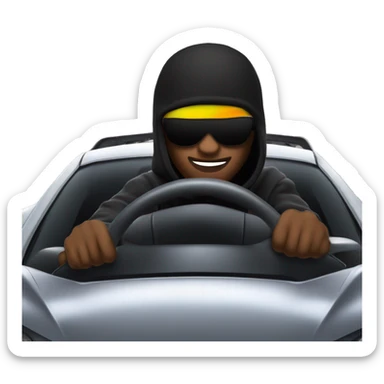 Roadman in a black ski mask driving a fast sports car, city streets and blurred lights in the background, intense vibe sticker
