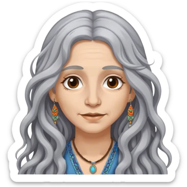 woman hippie long wavy gray hair brown eyes nose ring sticker