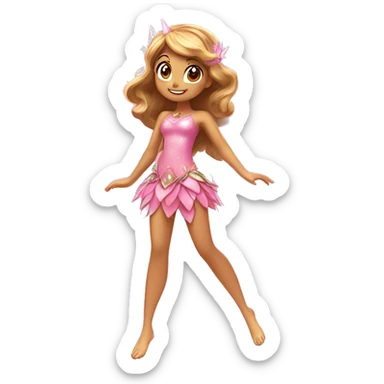 the adult latina fairy of nature in her enchantix fairy pink clothing and fairy enchantix wings and long light brown hair from winx club. Small eyes, Lots of sparkles and fairydust. Full body and full fairy bliss sticker