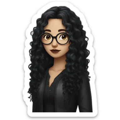 a gothic girl with long black curly hair and circular glasses sticker