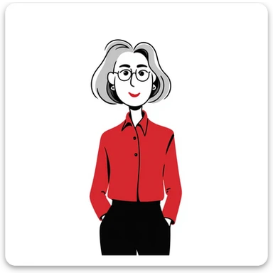 Sophisticated senior woman in her 70s with radiant complexion, elegant silver-gray bob haircut, hazel eyes, defined cheekbones, wearing vibrant red lipstick and a structured red blouse sticker