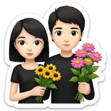 a pretty bratz fair girl with short black shaggy hair with a tall boy and flowers wearing black sticker