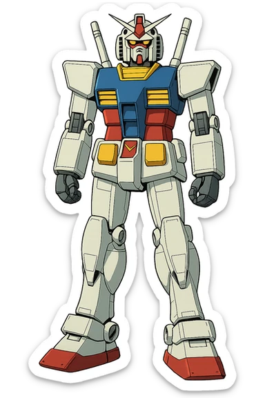 Gundam robot, front-facing, arms at sides, no action pose, classic anime style, white, blue, red, and yellow, no background sticker