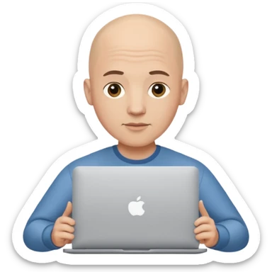 bald yong guy with macbook  no wringle on face sticker