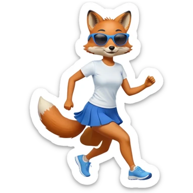 friendly anthropomorphised female fox in skirt and t-shirt, wearing dark sunglasses, jogging upright in relaxed pose sticker