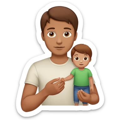 A man with brown hair holding a small child by the hand, the child has reddish-brown hair sticker