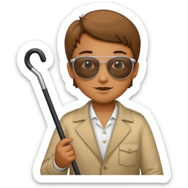 A blind person wearing sunglasses and holding a guide cane sticker