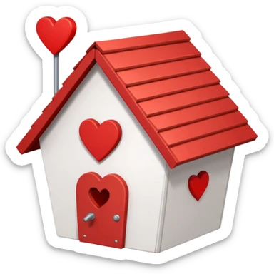 a birdhouse with a red roof with the rest white and a heart at the top but below the roof sticker