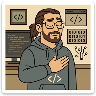 male software developer making 'eyvallah' gesture, right hand on chest, long brown hair tied back, glasses, short beard, light tan skin, wearing a hoodie with </> logo, tech and code background sticker
