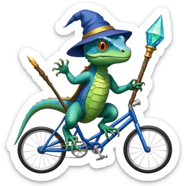 Lizard with wizard hat and wand attacking a blue lizard while on the bike sticker
