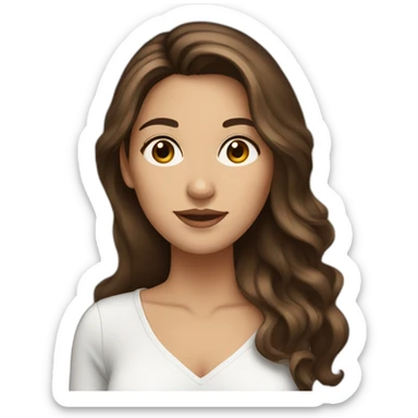 Brunette woman with balayage and long hair, brown eyes with a computer sticker