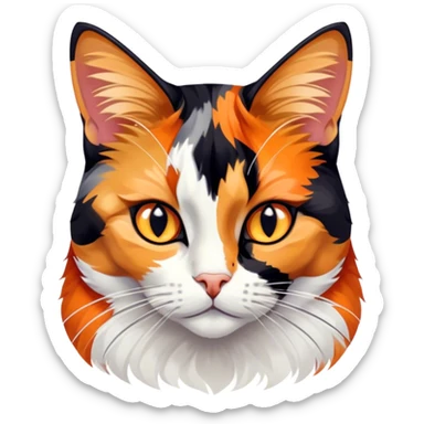 Cinematic Noble Calico Cat Portrait Emoji, Poised and regal, with a striking patchwork fur in vibrant orange, black, and white hues, delicate whiskers and a refined, focused gaze, simplified yet exquisitely detailed, glowing with a soft, moonlit radiance and an air of aristocratic elegance, high shine, exuding dignified intelligence and poised authority, soft glowing outline, capturing the essence of a watchful and noble calico cat that appears ready to grace the screen with effortless majesty! sticker