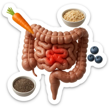 intestino umano anatomico infiammato al centro con carota, bowl di avena, mirtilli, bowl di semi di chia che gli fluttuano intorno , iperrealistico 4k sticker