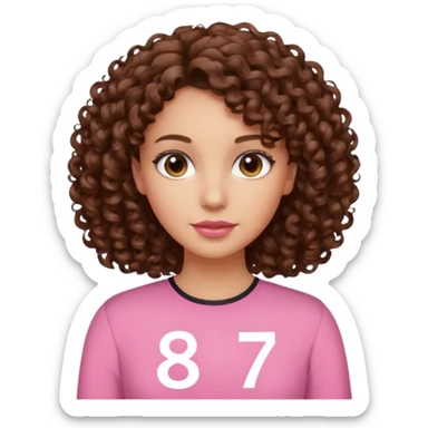 Curly hair Median, Brunette, wearing a pink blouse with *87* written on it. sticker
