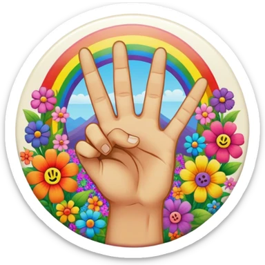 A round psychedelic colored button with a hand making the peace sign in the center surrounded by rainbow colored hippie style flowers sticker