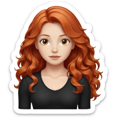 Athletic girl with long light red wavy hair and smaller boobs bigger arms not too big. middle part and black shirt sticker