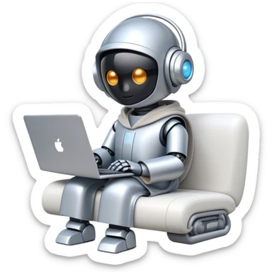 Emoji of a remote-working robot in a cozy smooth bathrobe with a laptop. The robot has a sleek helmet-like head with LED digital eyes. Relaxed yet high-tech vibe. sticker