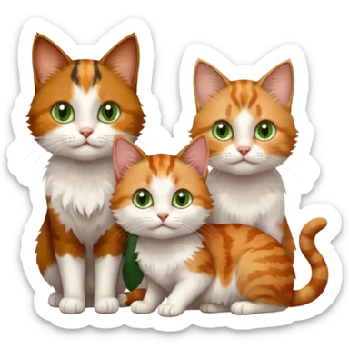 3 small cats each are different colours including a brown tabby and white, a patchy calico, and a ginger and white sticker