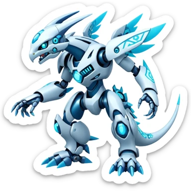Futuristic mechanical modern badass cool shiny white with glowing cyan-blue animal Digimon Fakémon hybrid full body with intricate patterns sticker