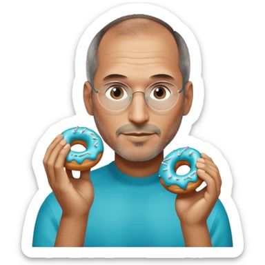 Steve jobs is eating a fully glass colored doughnut. the Doughnut is colored cyan and steve jobs is holding it by his hands, going to eat sticker