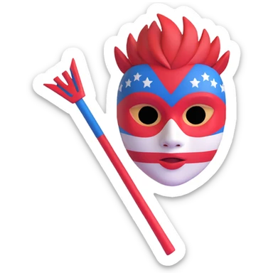 wild boy emoji, mask painted in red, white, and blue stripes, holding a sharp stick, channeling Roger's savage side from Lord of the Flies sticker
