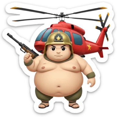 A fat sumo fighter holding a RPG with a army helmet and he’s hanging off a side of a helicopter  sticker