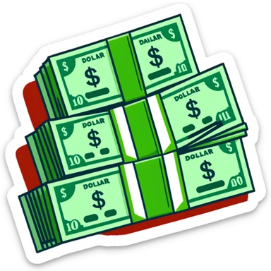 green upward arrow next to progressively taller stacks of dollar bill packs wrapped with bands sticker