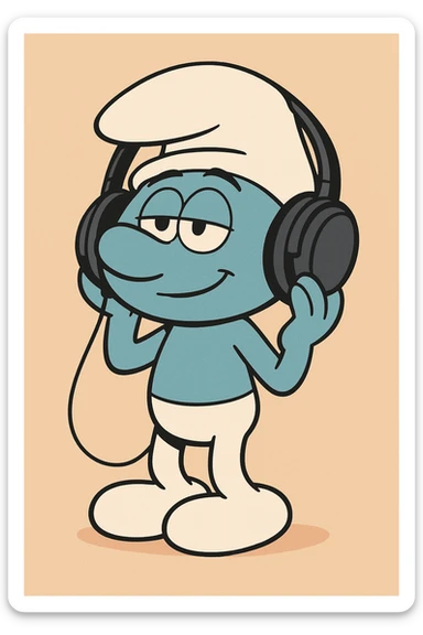 a smurf character with large headphones, cartoon style sticker