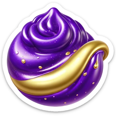 Cinematic Realistic Shiny Slime Mixed with Glitter, thick and glossy with swirling metallic flecks suspended inside, a dynamic mix of deep purple and golden sparkles, light catching every shimmer, flowing smoothly with realistic folds and ripples, glowing with an enchanting, almost liquid-metal effect. sticker