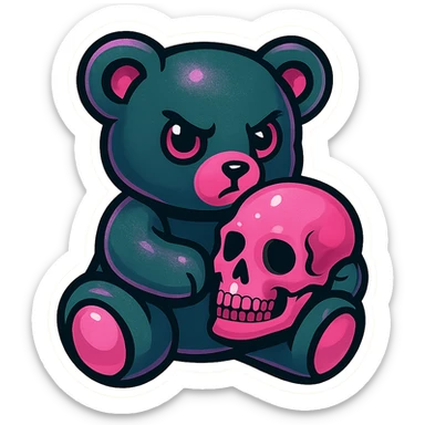 Change to pastel goth colors, keep gothic teddy bear holding a pink skull, retro stickers style, no background. sticker