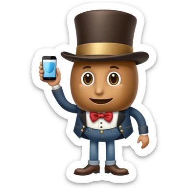 a coffee bean with a top hat, legs with jeans on them, and a big left ear sticker