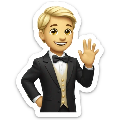 smiling boy in formal attire, waves his right hand Hello! sticker