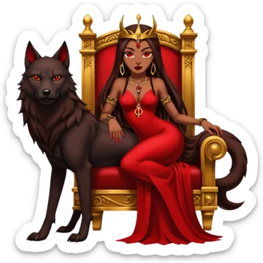 Caramel skin toned Lilith symbol seductress evil brown straight long hair haired, sexy succubus woman with red and black Chanel dress sitting on a Black and gold throne. A large black wolf laying beside her. Tattoos all down her arms sticker