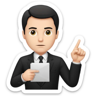A white man in a black suit stands with a serious face and points at his hand holding papers. sticker