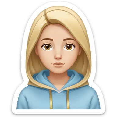 Woman with oval face, straight brown hair with blonde highlights parted to the side, dreamy expression, wearing a light blue hoodie with gold and white accents sticker