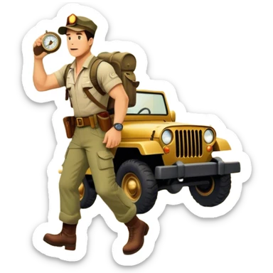 A vintage movie poster-style collage. Include action-packed elements like a treasure map, jungle scenes, a rugged explorer with a compass and a speeding jeep. Add a shadowy figure resembling close-up Mark Wahlberg in adventurous gear. Jungle background. Transparent background. sticker