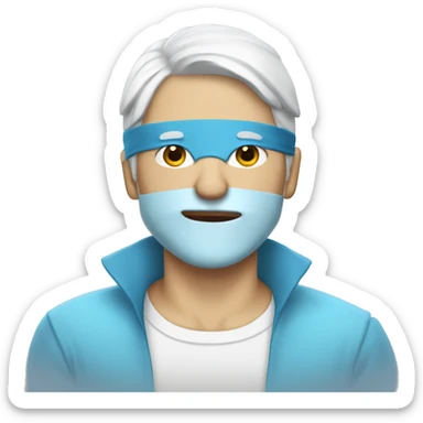 Guy with white hair and light blue highlights and a blindfold sticker
